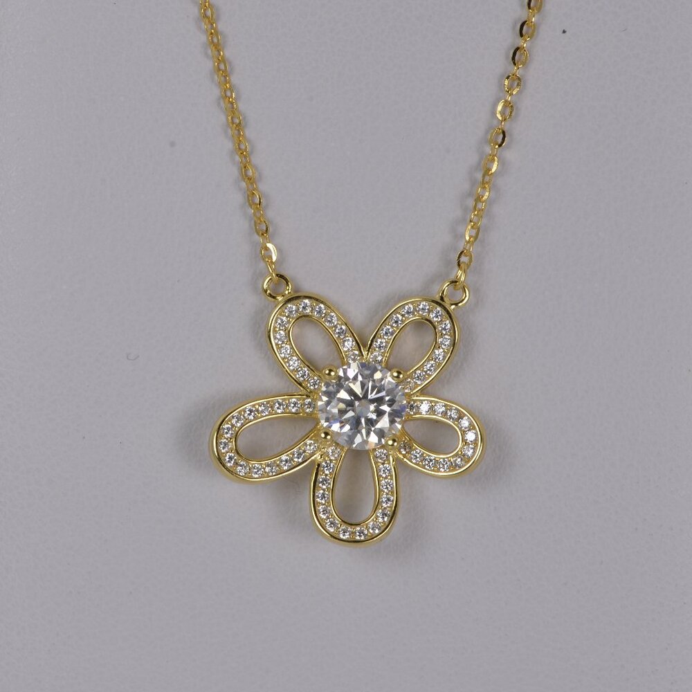 GRA Certified Elegant Daisy Moissanite Pendant 18" 925 Sterling YG